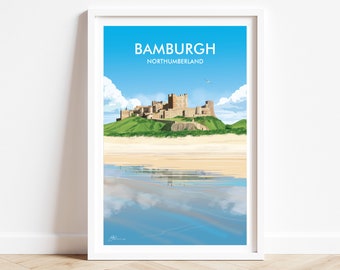 Bamburgh beach art print, Northumberland travel print poster, Bamburgh castle art print/poster. SIGNED original art by Geraldine Burles