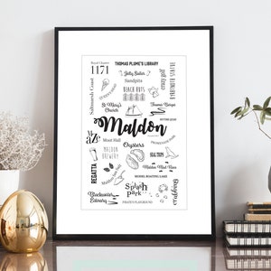 Affiche lettres Maldon, affiche Maldon en mots, affiche imprimée en noir et blanc, oeuvre d'art originale signée par Geraldine Burles