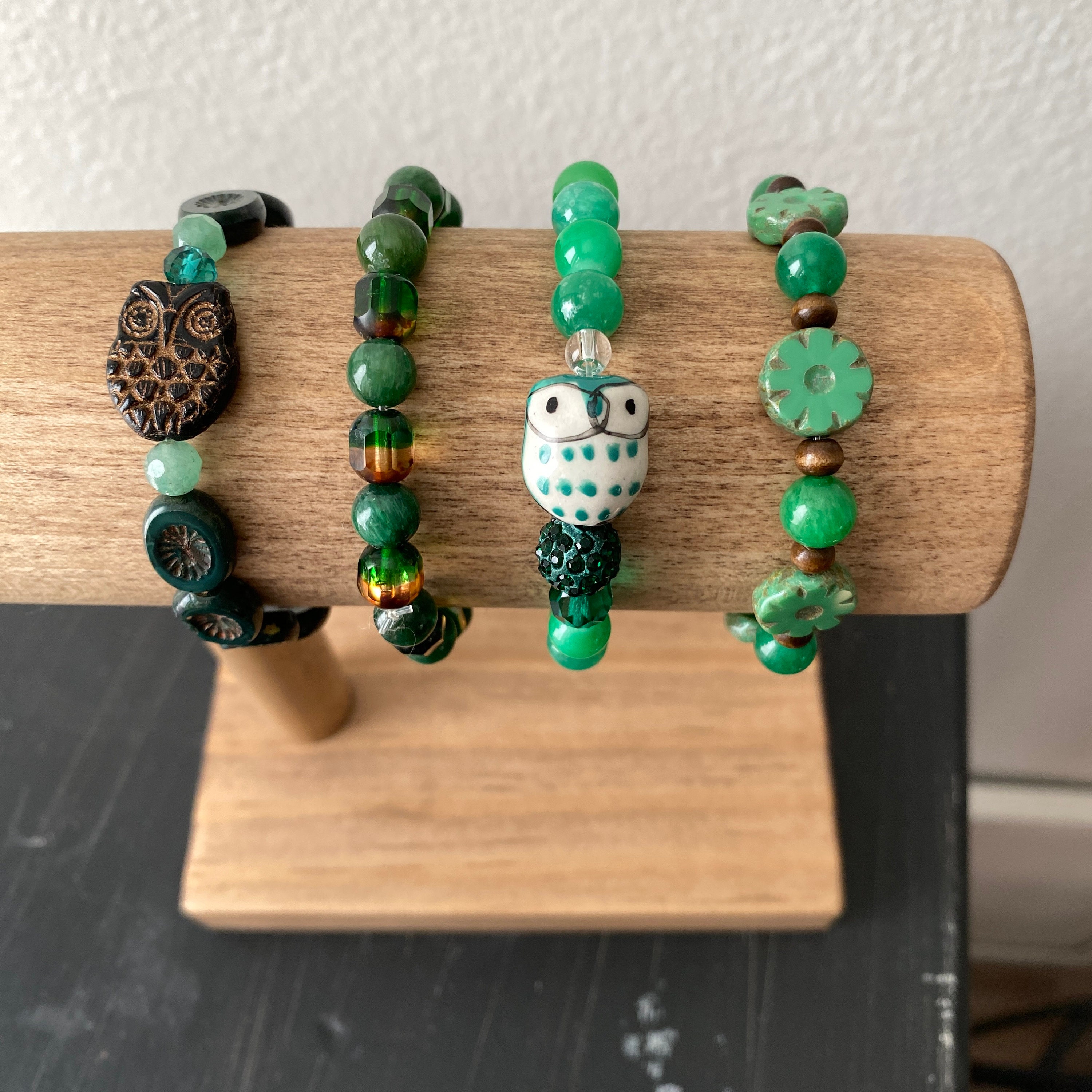 Boho Green Bracelets with Owls, a stretchy handmade bracelet with a gift bag