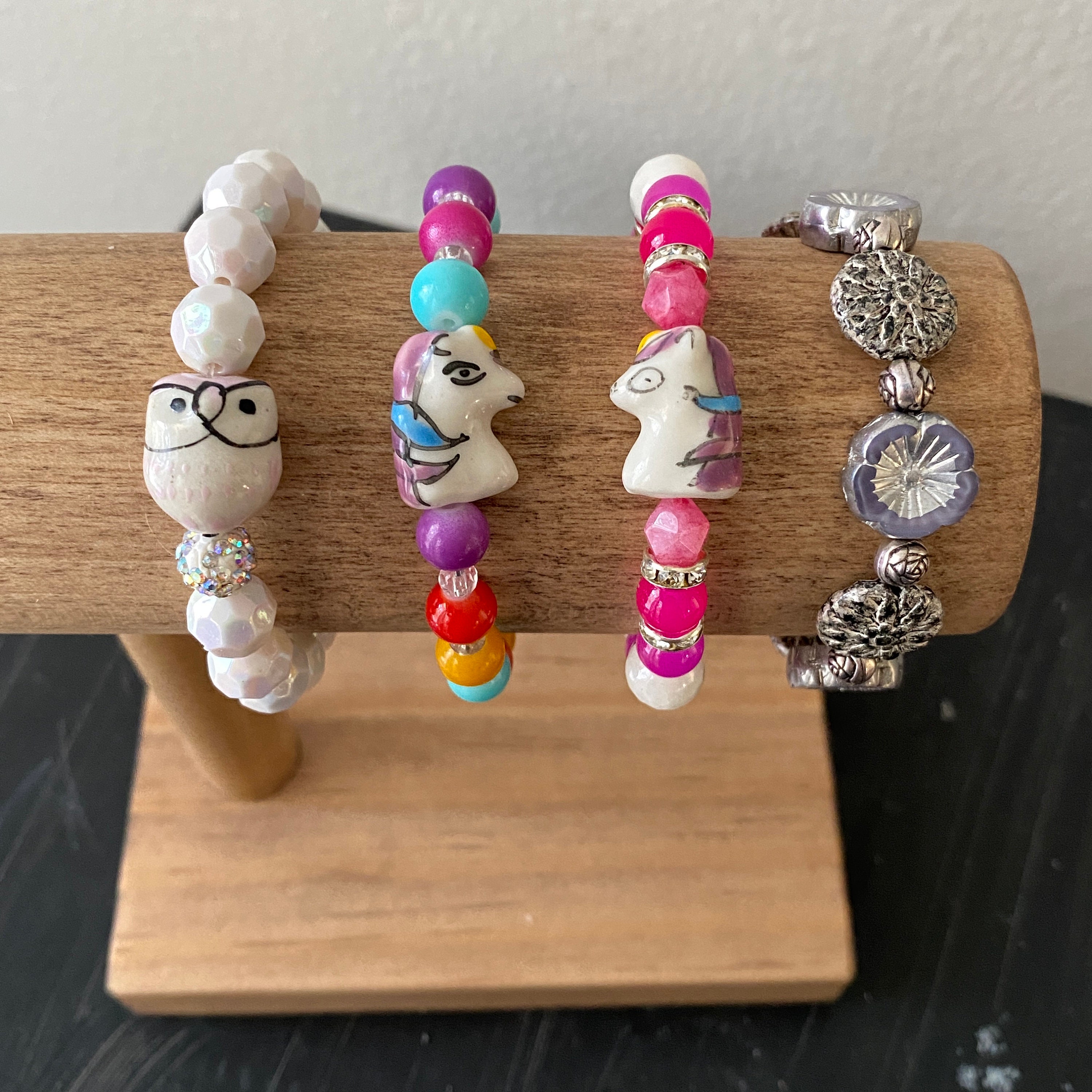 Boho Animal Bracelets with an Owl or a Unicorn, a stretchy handmade bracelet with a gift bag