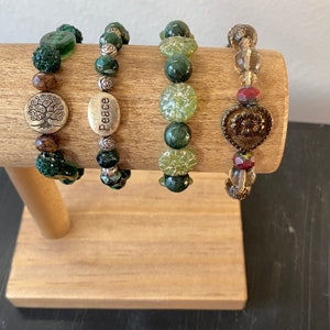 Boho Earthy Green Bracelet, a stretchy handmade bracelet with a gift bag