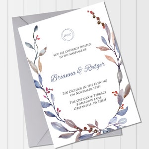 May include: A wedding invitation with a watercolor floral wreath in shades of blue, brown, and red. The text reads: 'You are cordially invited to the marriage of Brianna & Rodger 7:00 o'clock in the evening on November 15th The Overlook Terrace 8 Meadow Lane Greenville, PA 12005'