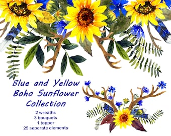 Blue and Yellow Boho Sunflower Collection, Wedding Florals, Includes: 25 Individual Elements and 3 Bouquets, 2 Wreaths, 1 Topper