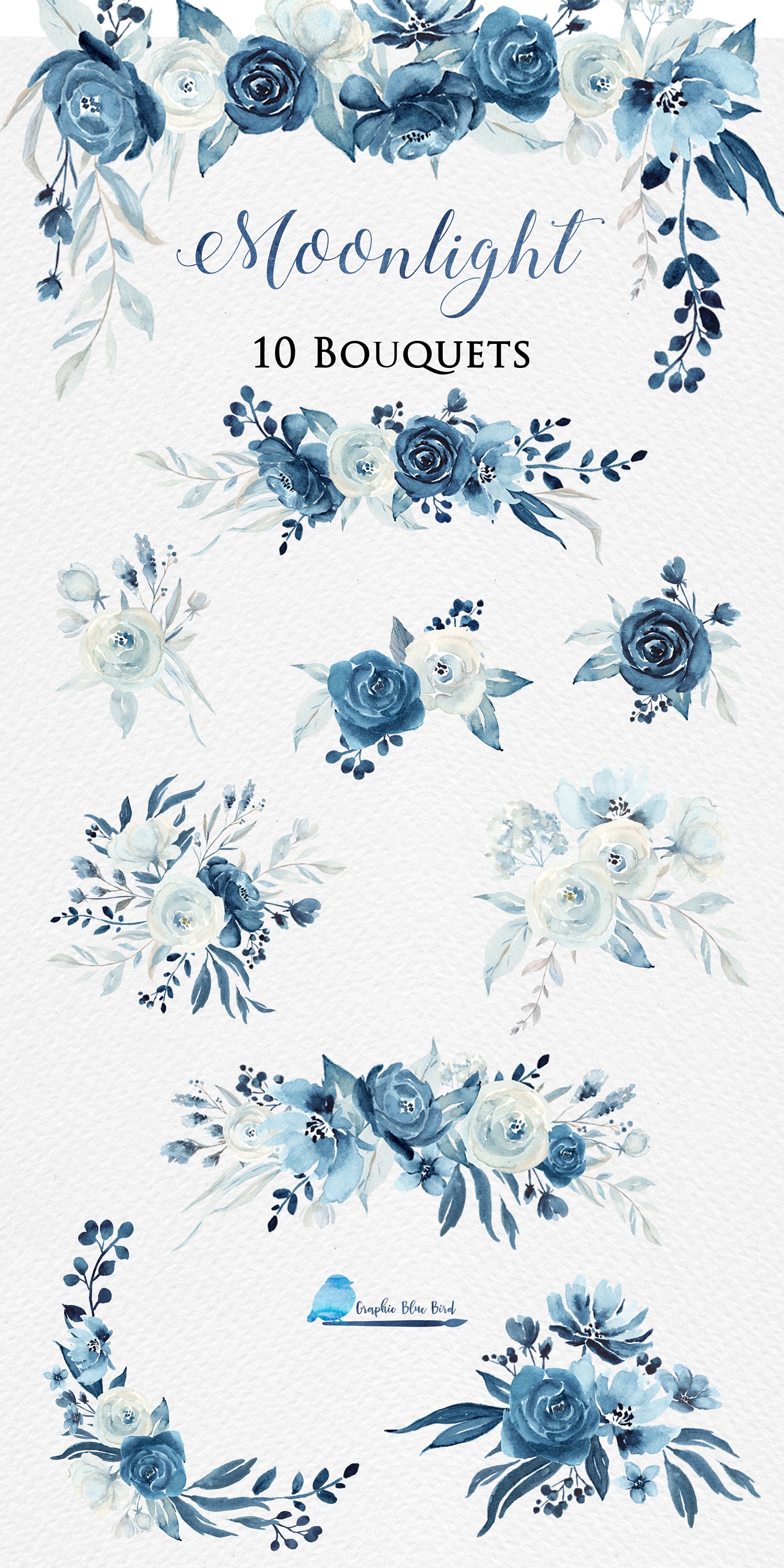 Navy Blue and White Floral Bouquetsblue Flowers Watercolor - Etsy