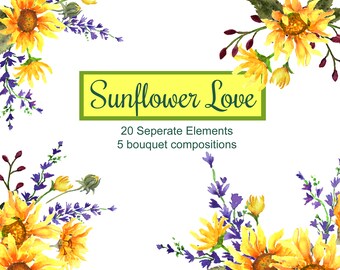 Sunflower Love, Watercolor Sunflowers Floral Clip Art,  Wedding Clip Art PNG Files, Bouquets and Elements