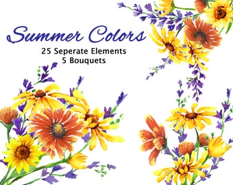 Watercolor Floral Clip Art Collection, 5 Bouquets. Watercolor Floral Clipart Weddings, Invitations, Greeting Card