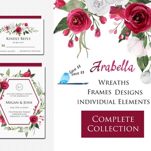 Pacchetto grande Fiori bordeaux e bianchi, ClipArt ad acquerello, Cornici, Ghirlande, Bouquet, Bordi, Inviti di nozze, San Valentino