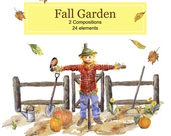 Fall Garden Illustrations, Watercolor Clipart Set: Scarecrow, Pumpkin Patch,  Split Rail Fence,  Wheelbarrow, Gardening Tools, Fall Leaves