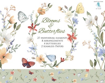 Wildflowers and Butterflies, Watercolor Clipart, Wildflower Wreaths, Wildflower Bouquets, Vintage Flowers, Botanical Art