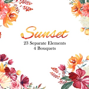 Bourgogne, Or, Orange et Rose, Collection d’aquarelles florales, Fleurs de mariage, Clipart aquarelle peint à la main, Clipart de fleurs de Bourgogne