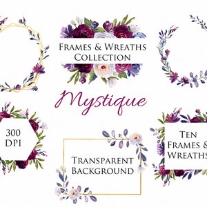 Cadres d’aquarelle, couronnes et bordures en prune, violet, bleu et fleur de Bourgogne, motifs de bordure, cadres en cristal, couronne florale à cadre carré