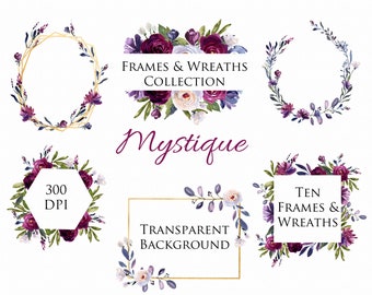 Watercolor Frames, Wreaths and Borders in Plum, Purple, Blue and Burgundy Flower, Border Designs, Crystal Frames, Square Frame Floral Wreath