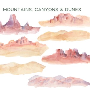 May include: Watercolour illustrations of mountains, canyons, and dunes in shades of pink, purple, and brown. The illustrations are painted in a loose, abstract style.