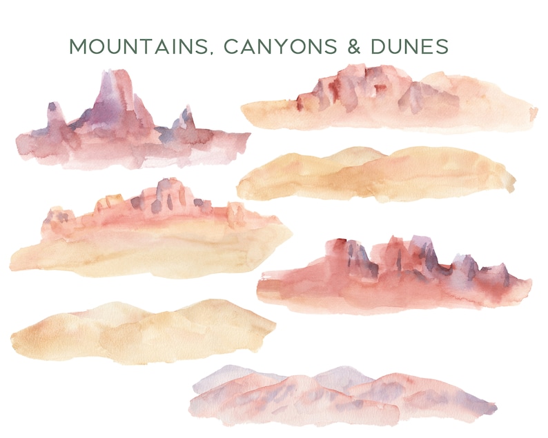 May include: Watercolour illustrations of mountains, canyons, and dunes in shades of pink, purple, and brown. The illustrations are painted in a loose, abstract style.