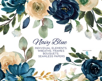Dark Blue Watercolor Flowers and Beige Flowers, Watercolor Clipart, Blue Floral Wreaths, Blue Flower Border, Blue and White Wedding