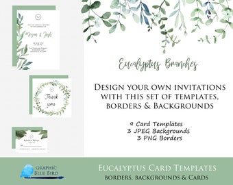 Eucalyptus Card Templates, Greenery Backgrounds, Eucalyptus Borders, DIY Invitations, Greenery Wedding, Greenery Frames, Eucalyptus Wreaths