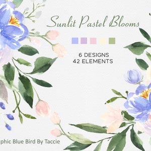 Pastellfärgade vårblommor i vintergröna, blått, lila, rodnande rosa och vitt, vårblommor och buketter, mycket periwinkle-blommig clipart