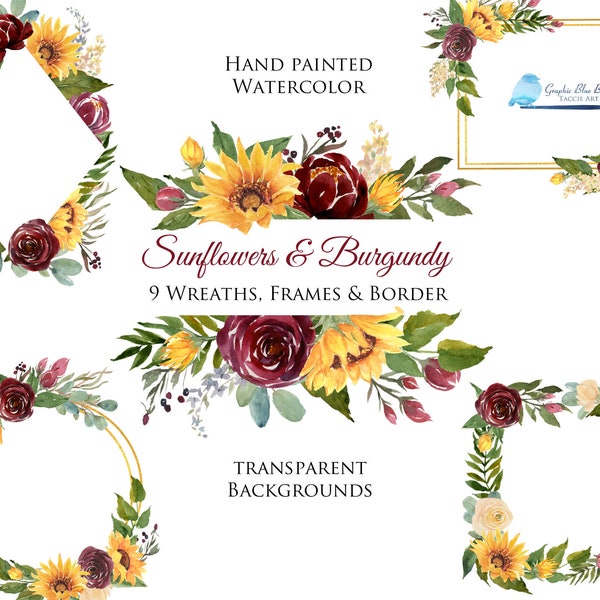 Zonnebloemkransen en zonnebloemframes, aquarelzonnebloemen met bourgondische bloemen, bourgondische & zonnebloemframes en kransen, bruiloft