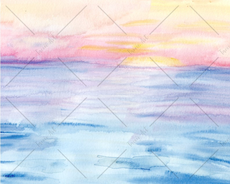 May include: A watercolor painting of a sunset over the ocean. The sky is a soft pink and yellow, and the water is a deep blue. The painting is done in a loose, impressionistic style.