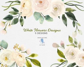 White Flowers Watercolor PNG, White Roses and Greenery, White Wedding Florals, White Roses, White and Green Wedding Designs