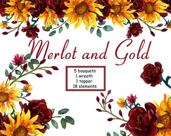 Sunflower Watercolor Clipart in Shades of Merlot and Gold. Sunflowers and Peonies hand painted floral clip art. Designed for DYI projects