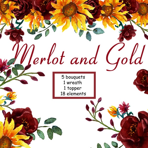 Sunflower Watercolor Clipart in Shades of Merlot and Gold. Sunflowers and Peonies hand painted floral clip art. Designed for DYI projects