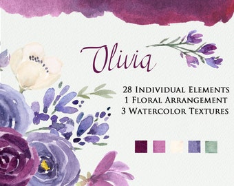 Fleurs de prune, violettes, lavande et blanches, éléments individuels, fleurs clipart à l’aquarelle peintes à la main pour les mariages