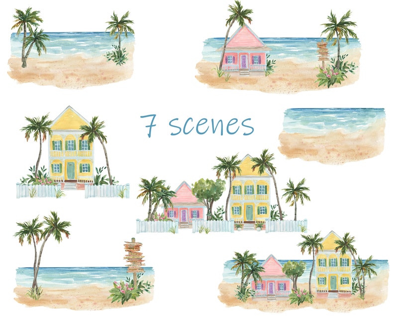 Florida Keys Clipart Kit includes palm trees, beach scene, fish, houses, Tropical Backgrounds, Key West, Key Largo, Seamless Digital Papers image 3