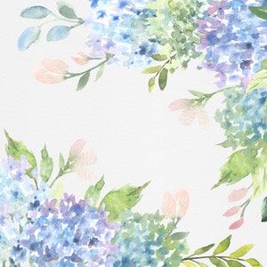 Blue Hydrangeas Transparent Background, Blue Watercolor Flowers and Pink Hydrangeas with Greenery image 6