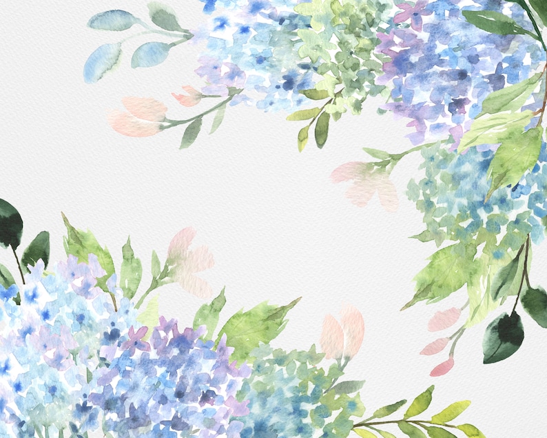 Blue Hydrangeas Transparent Background, Blue Watercolor Flowers and Pink Hydrangeas with Greenery image 6