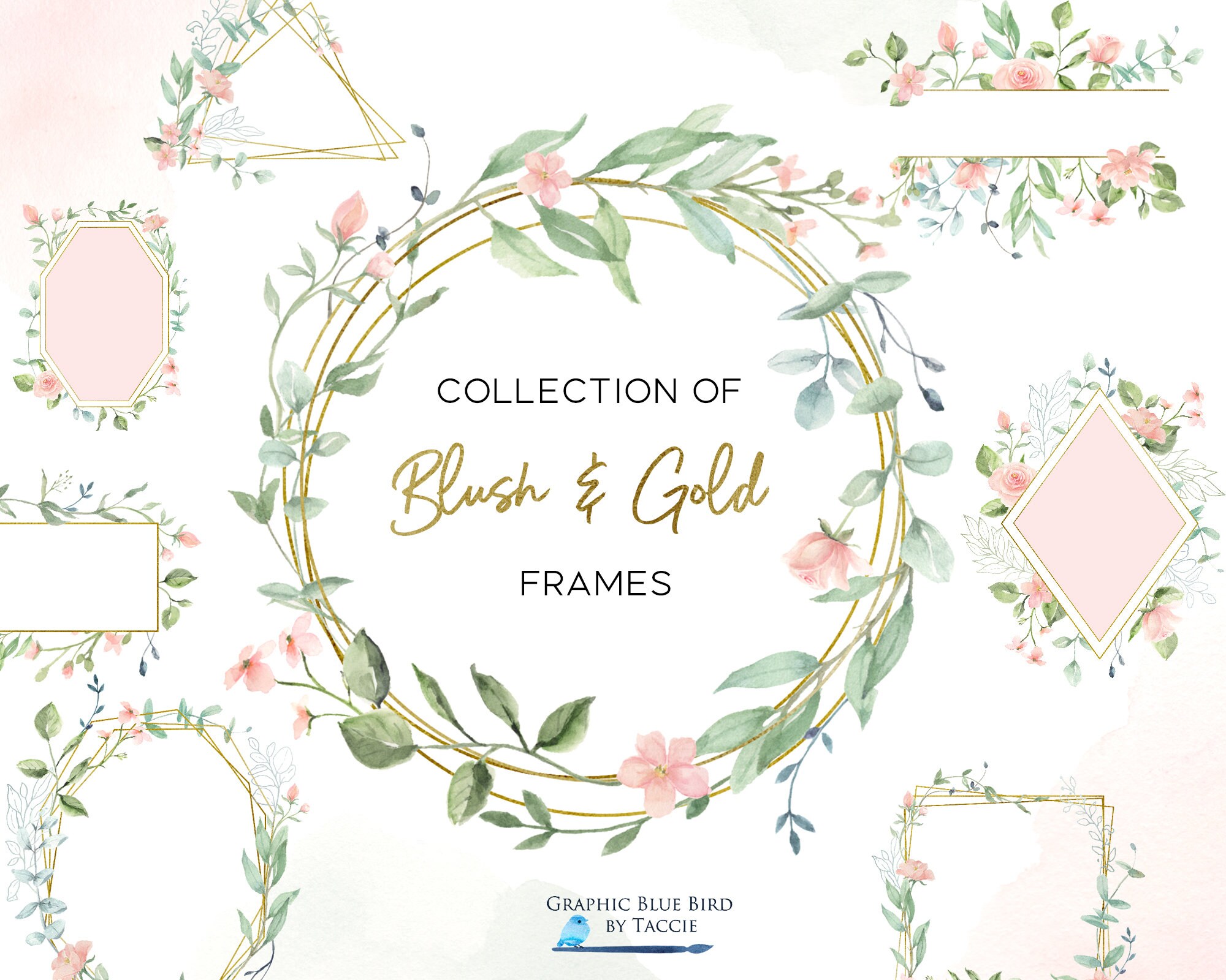 Pink Floral Frames, Gold Geometric Frames With Blush Pink Flowers ...