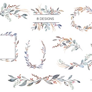 May include: Eight watercolor floral wreath designs in shades of blue, brown, and red. The designs include wreaths, borders, and frames. The text '8 DESIGNS' is written in black text on a white rectangle in the center of the image.