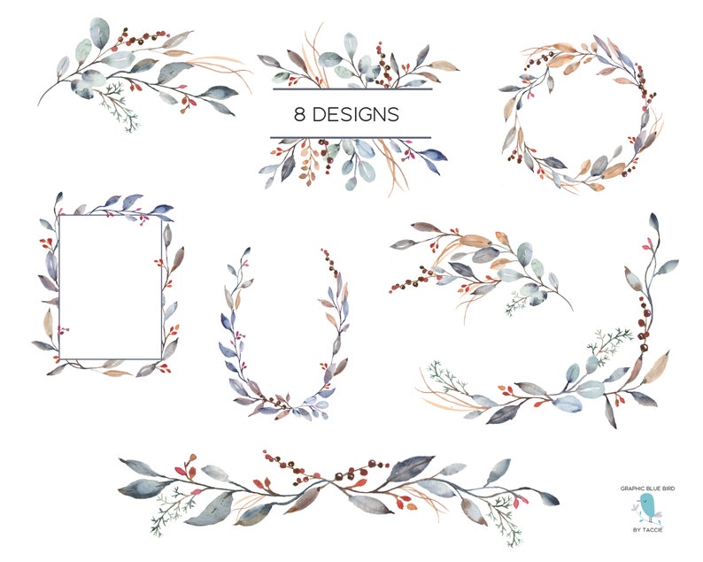 May include: Eight watercolor floral wreath designs in shades of blue, brown, and red. The designs include wreaths, borders, and frames. The text '8 DESIGNS' is written in black text on a white rectangle in the center of the image.