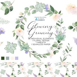 Grün mit weißen Blumen und lila Blumen, Individuelle Elemente, Grünkranz, Nahtloses Papier, Eukalyptus, Weiße Hochzeit, Taufe