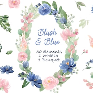 Blush Pink & Blue Aquarell Blumen Clipart, Individuelle Elemente Rosa Rosen, Grün, Boho Floral, Gender Reveal, Baby Shower