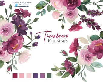 Könnte beinhalten: Aquarell-Blumenillustration mit rosa und burgunderfarbenen Rosen, grünen Blättern und dem Text "Timeless 10 Designs".