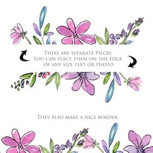 Może przedstawiać: Aquarela przedstawiająca fioletowe i niebieskie kwiaty z zielonymi liśćmi. Pod kwiatami znajduje się tekst "THESE ARE SEPARATE PIECES YOU CAN PLACE THEM ON THE EDGE OF ANY SIZE TEXT OR PHOTO THEY ALSO MAKE A NICE BORDER".