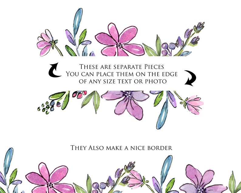 Może przedstawiać: Aquarela przedstawiająca fioletowe i niebieskie kwiaty z zielonymi liśćmi. Pod kwiatami znajduje się tekst "THESE ARE SEPARATE PIECES YOU CAN PLACE THEM ON THE EDGE OF ANY SIZE TEXT OR PHOTO THEY ALSO MAKE A NICE BORDER".