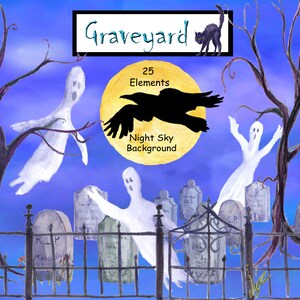 Kerkhof Aquarel Clipart, Halloween Clip Art, Raven, Volle Maan, Hek, Zwarte Kat, Geesten, Grafstenen, Bomen, Nacht Hemel Achtergrond