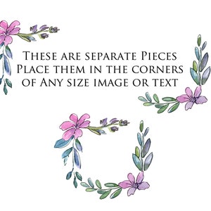Może przedstawiać: Cztery akwarelowe wzory narożne z fioletowymi i zielonymi elementami kwiatowymi. Tekst "THESE ARE SEPARATE PIECES PLACE THEM IN THE CORNERS OF ANY SIZE IMAGE OR TEXT" znajduje się w środku obrazu.