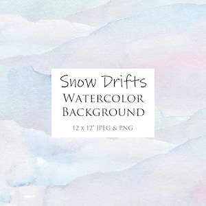 May include: Abstract watercolor background in shades of blue and purple, with a white text box that says "Snow Drifts Watercolor Background 12 x 12" JPEG & PNG"