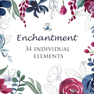 Éléments individuels marine et bourgogne, Aquarelle Clip Art, Rose bleue, Rose de Bourgogne, Fleurs bleu marine, Fleurs de Bourgogne