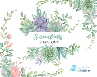 Watercolor succulents, Succulent Wreath, Succulents borders,  Succulent Design, Succulent Wedding, Watercolor Greenery, Green & Lavender