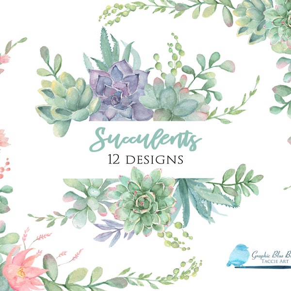 Watercolor succulents, Succulent Wreath, Succulents borders,  Succulent Design, Succulent Wedding, Watercolor Greenery, Green & Lavender