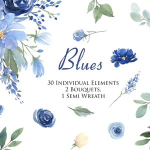 Blauwe aquarel bloemen individuele elementen en boeketten, semi krans, aquarel clipart bloemen, blauwe bloemen, baby douche of blauwe bruiloft