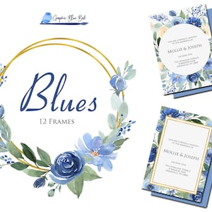 Blue Floral Frames, Gold Geometric Frames with Blue Flowers, Navy and Gold,  Navy Blue Flowers, Baby Shower or Blue Wedding