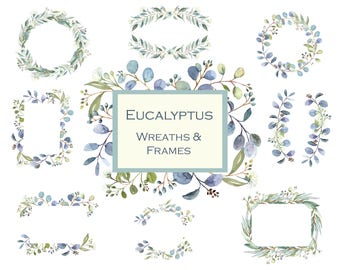 Greenery Frames and Wreaths, Eucalyptus Wreath Clipart, Wedding Greens, Leaves, Green Wedding Clip Art, Watercolor Clipart