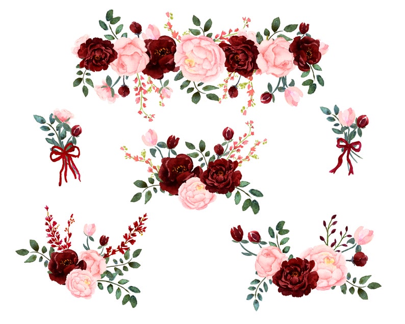 Colección acuarela Floral rosa y Burdeos rosa Blush y vino | Etsy