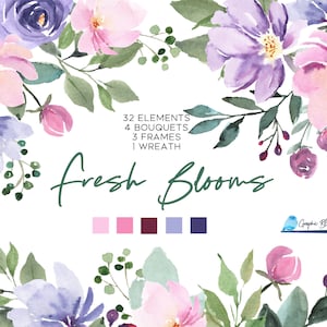Lavanda, flores rosa e roxas, molduras florais, guirlanda, elementos individuais, casamento na primavera, flores de clipart aquarela Veri Peri