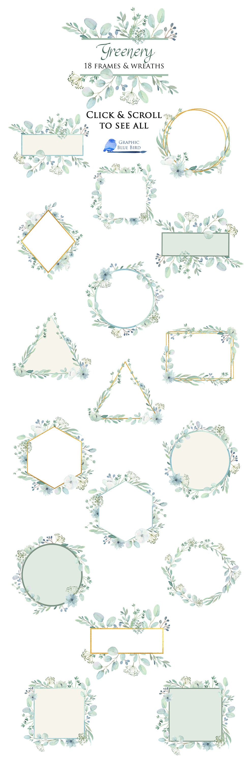 Greenery Frames and Wreaths, Watercolor Clip Art, Eucalyptus Frames ...